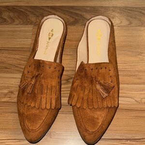 Suede Tassel Fringe Slip-On Mules - Brown